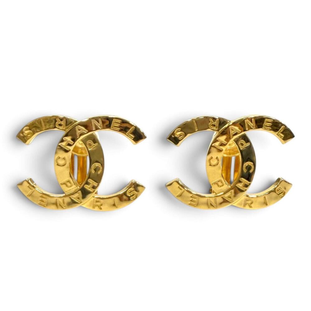 CHANEL B20A Coco Mark Logo Design Large Earrings Gold Made in Italy Women's
